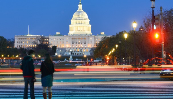 Washington DC - US Capitol Building with car lights trails foreg